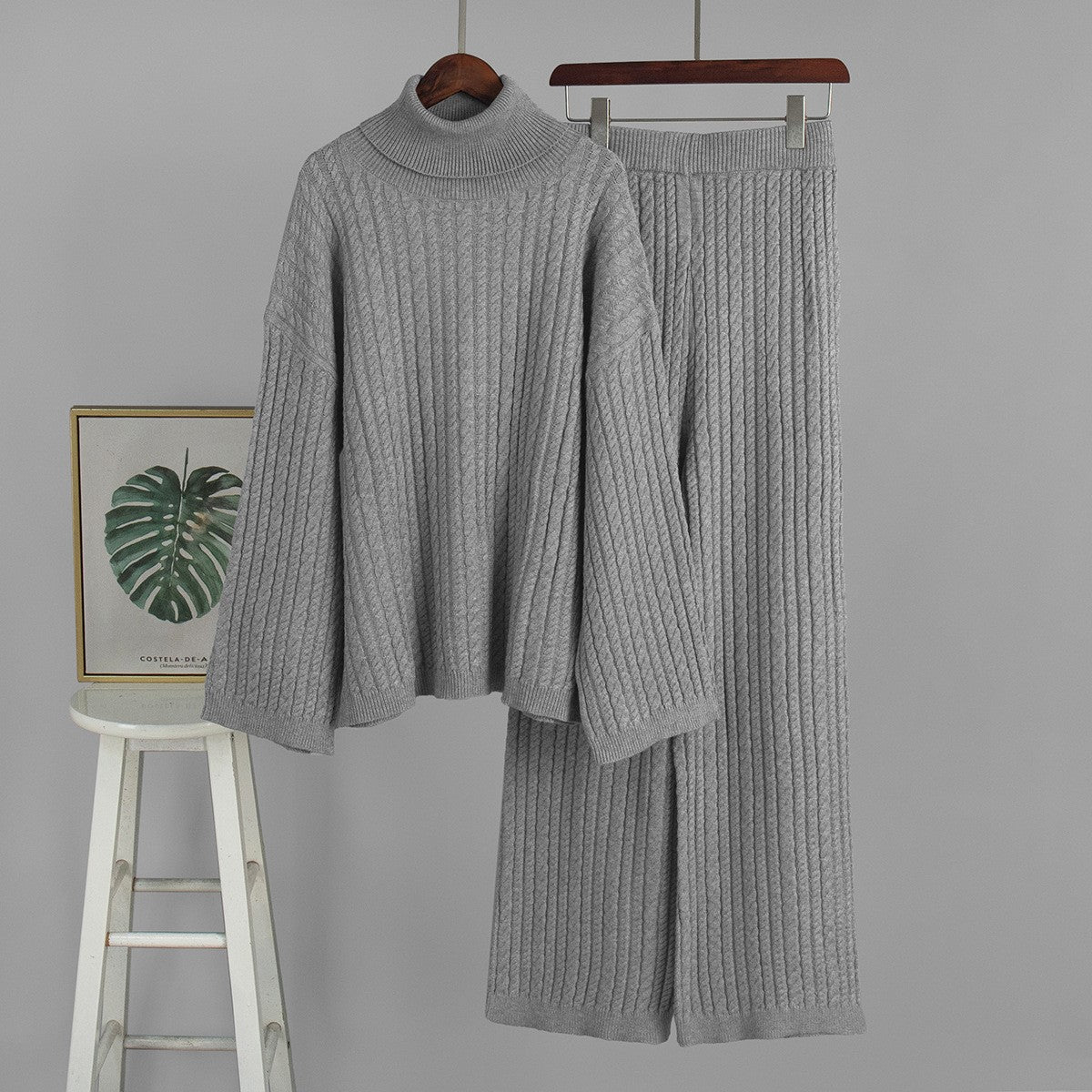 Ribbed Turtleneck Sweater And Wide Leg Set - Grey