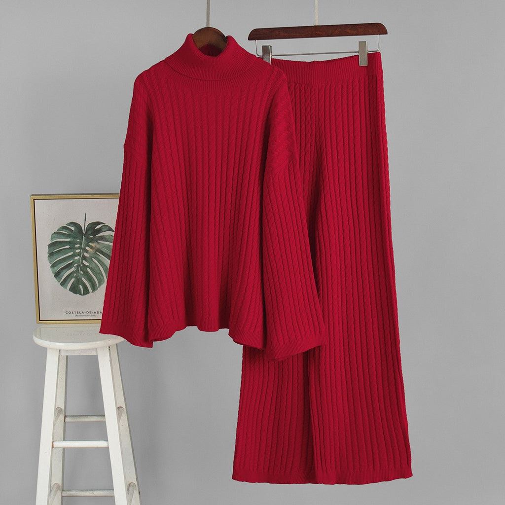 Ribbed Turtleneck Sweater And Wide Leg Set - Red