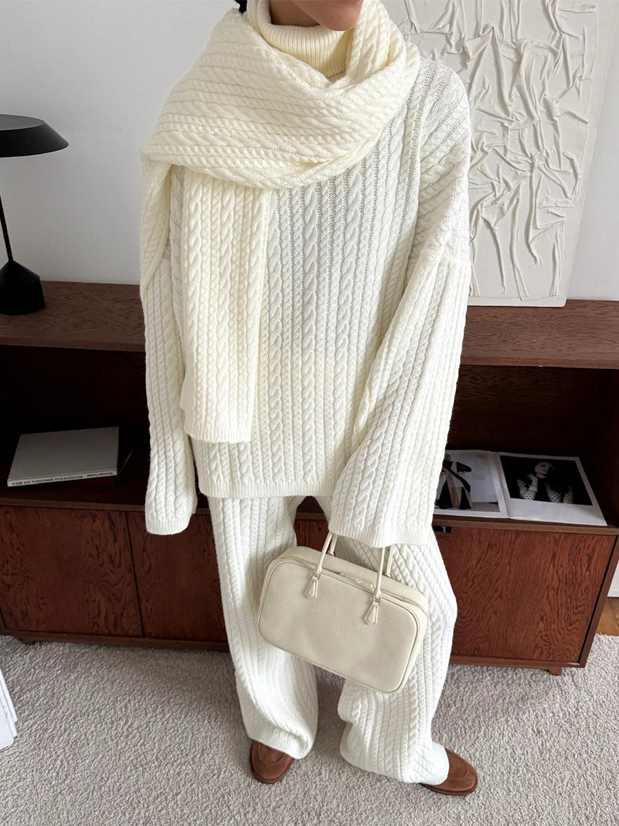 Ribbed Turtleneck Sweater And Wide Leg Set - White