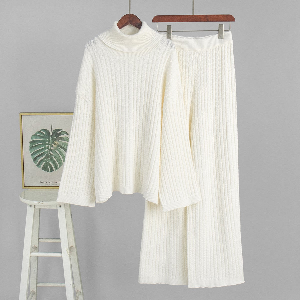 Ribbed Turtleneck Sweater And Wide Leg Set - White - 1