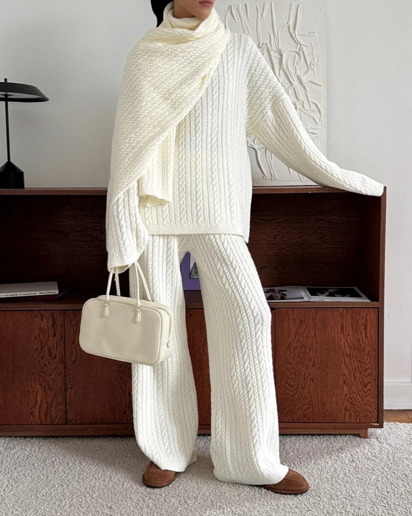 Ribbed Turtleneck Sweater And Wide Leg Set - White - 3