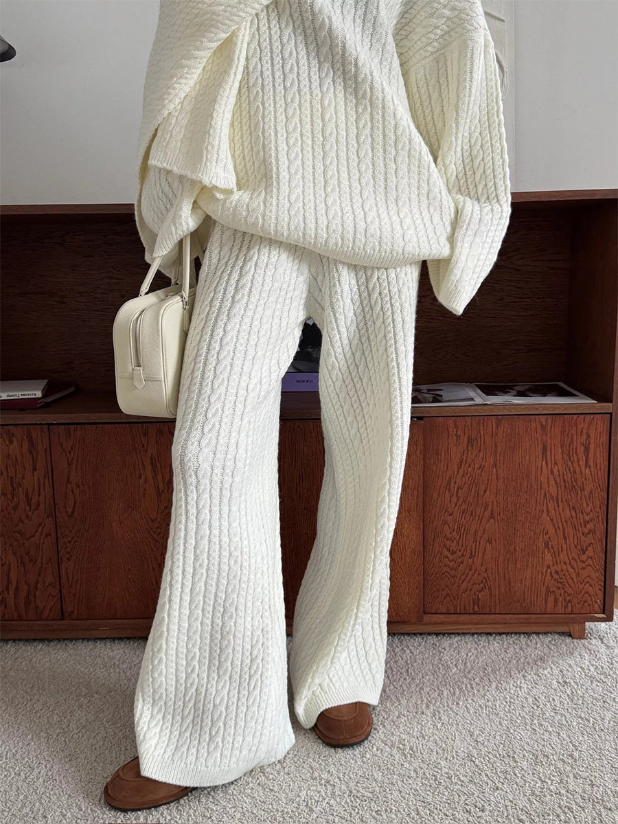 Ribbed Turtleneck Sweater And Wide Leg Set - White - 4