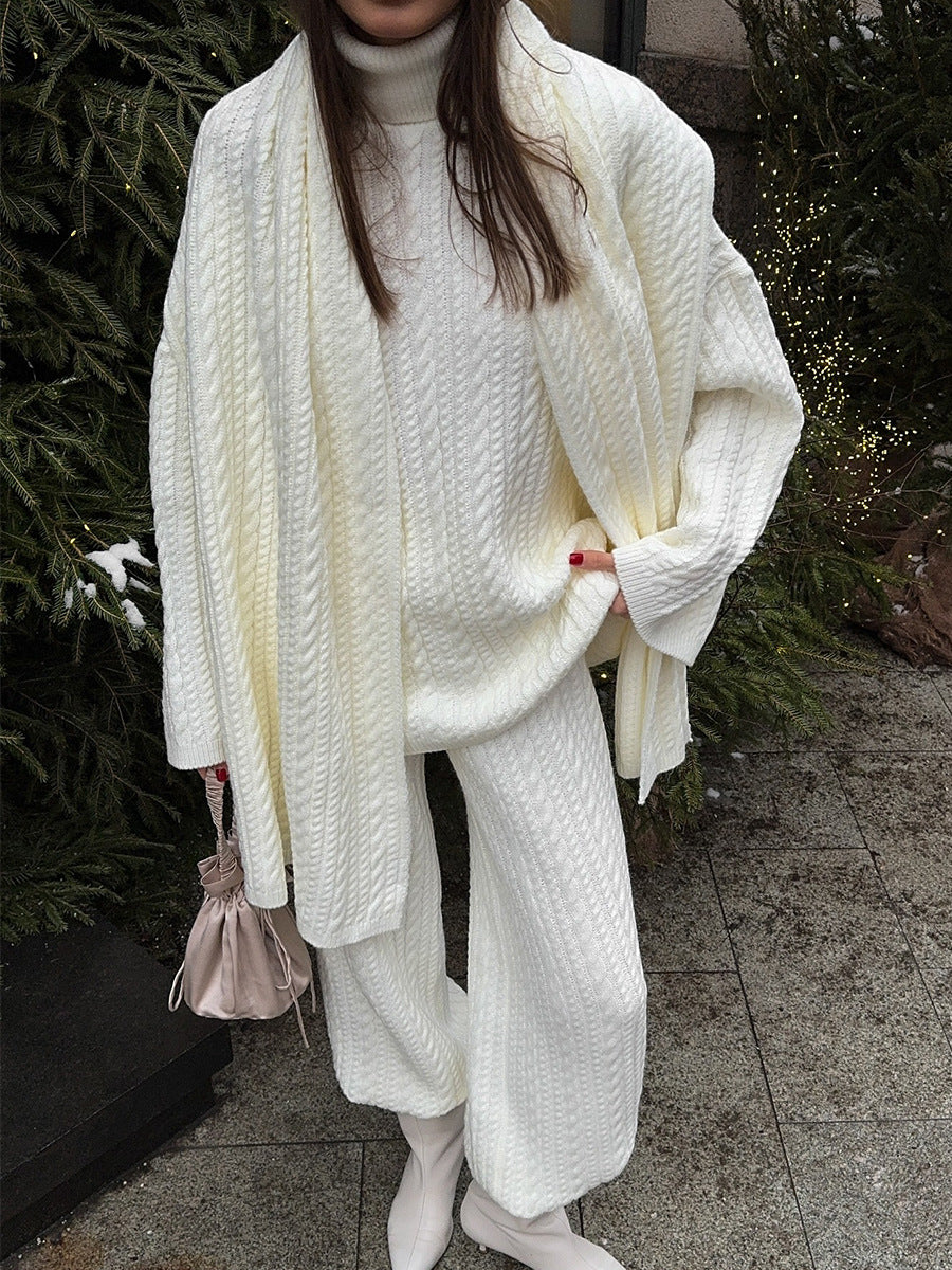Ribbed Turtleneck Sweater And Wide Leg Set - White - 5