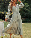 Button Front Drawstring Waist Tiered Maxi Dress - Light green