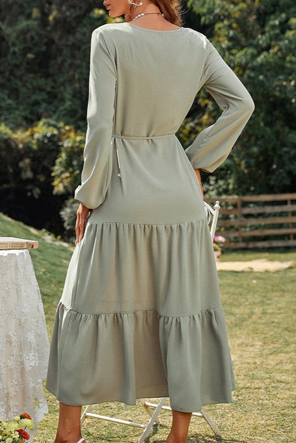 Button Front Drawstring Waist Tiered Maxi Dress - Light green - 3