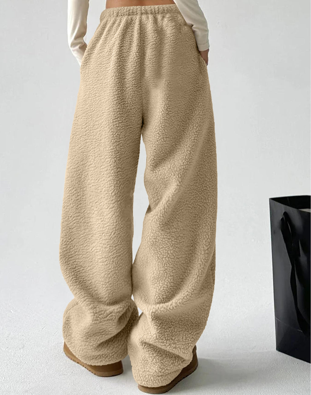 Sherpa Fleece Wide Leg Pull On Pants - Apricot - 1