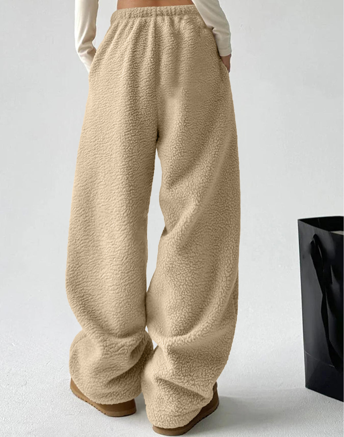 Sherpa Fleece Wide Leg Pull On Pants - Apricot - 1
