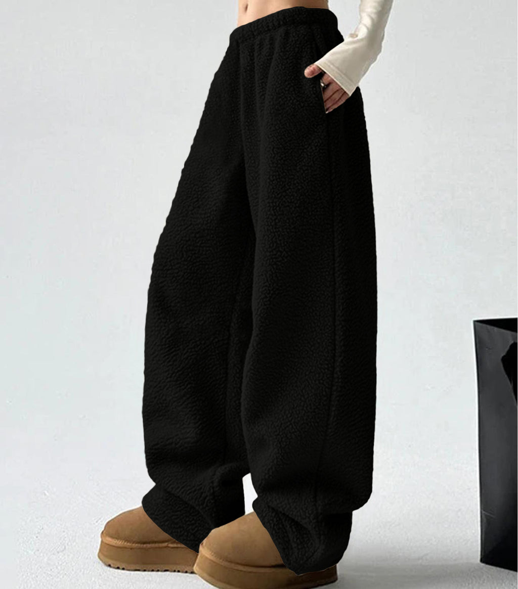 Sherpa Fleece Wide Leg Pull On Pants - Black