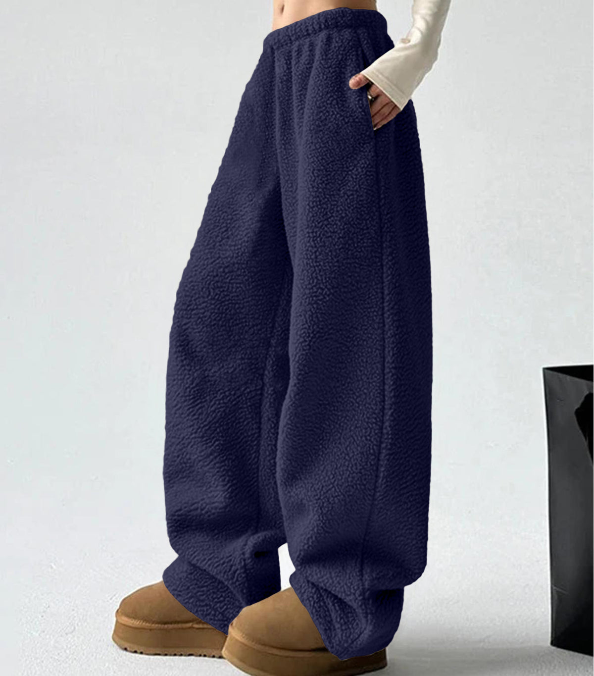 Sherpa Fleece Wide Leg Pull On Pants - DarkBlue - 1