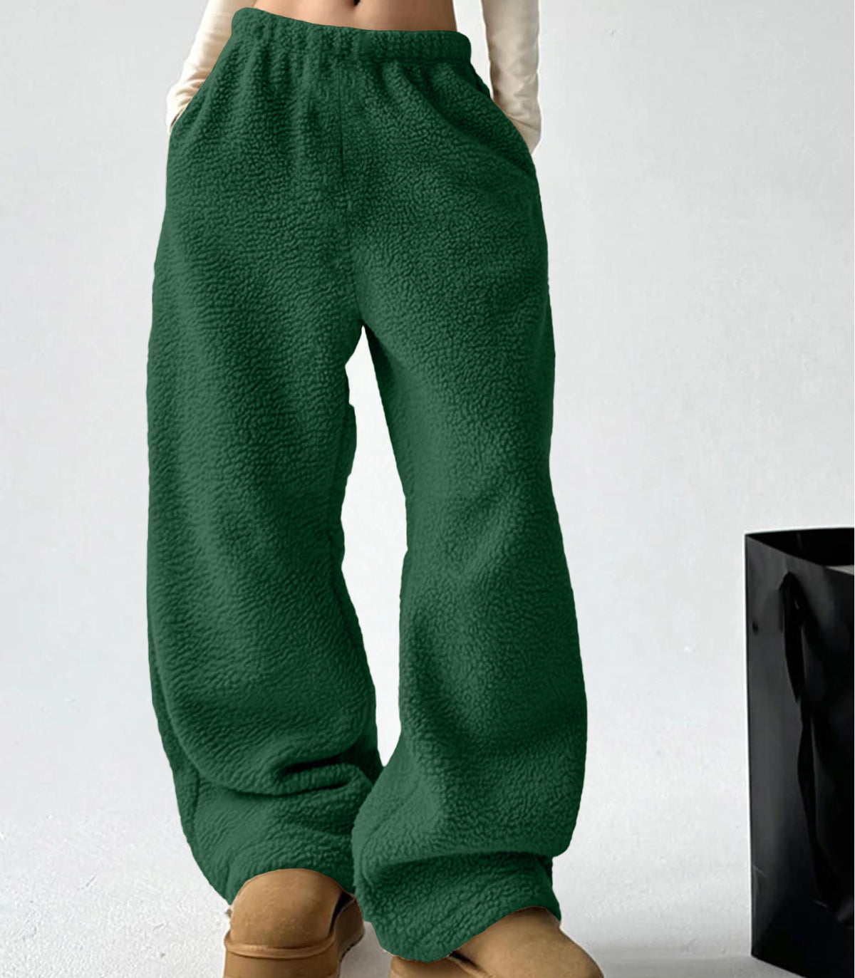 Sherpa Fleece Wide Leg Pull On Pants - Green