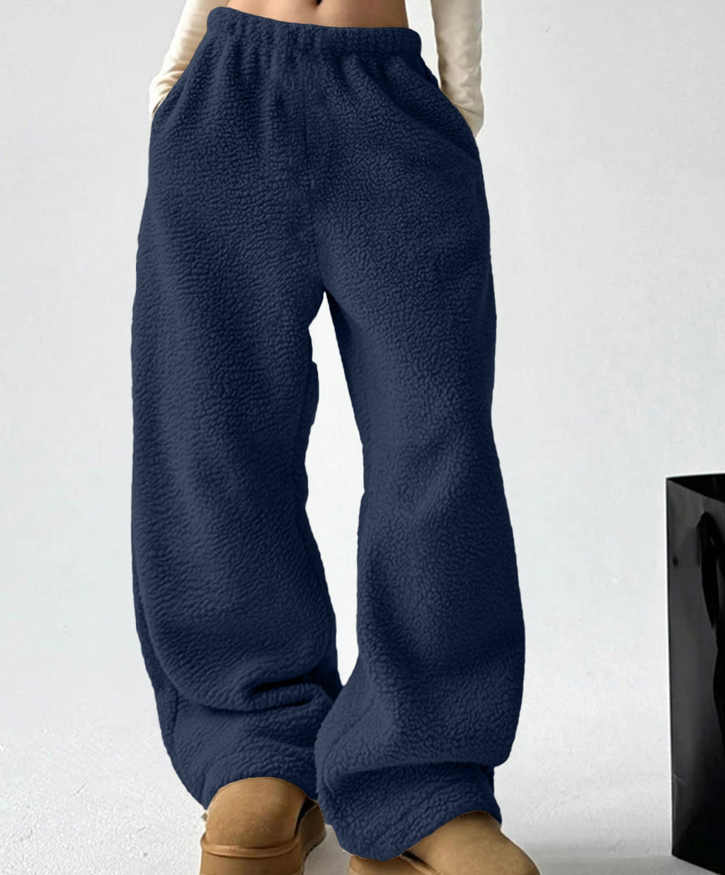 Sherpa Fleece Wide Leg Pull On Pants - Navyblue