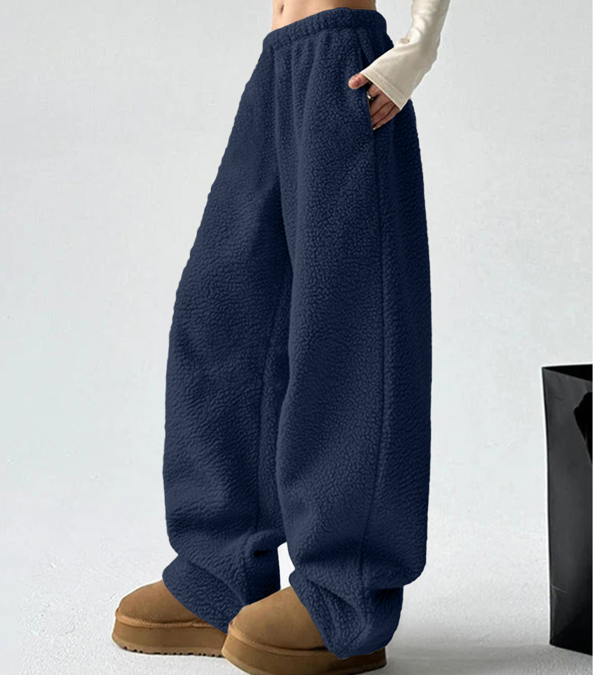 Sherpa Fleece Wide Leg Pull On Pants - Navyblue - 1
