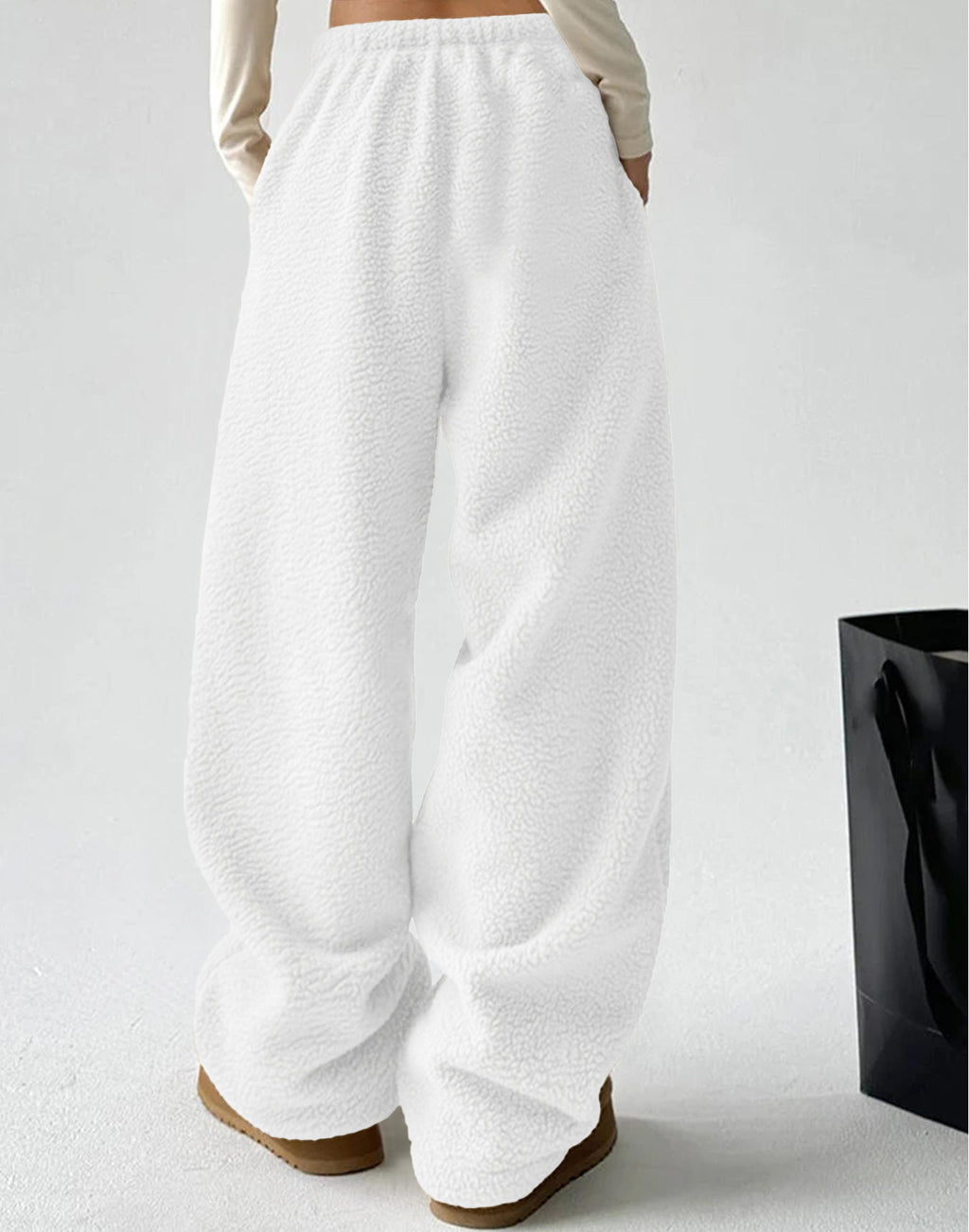 Sherpa Fleece Wide Leg Pull On Pants - White - 1