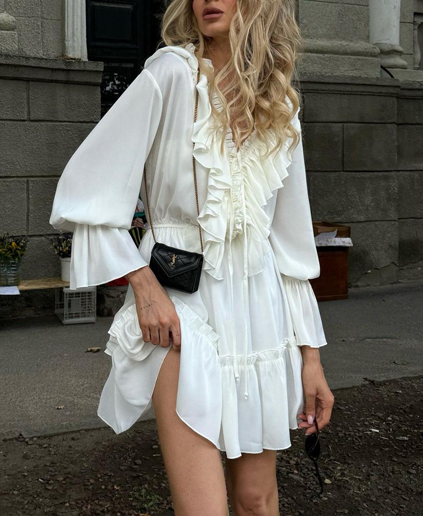 Ruffled Bell Sleeve Chiffon Mini Dress - White - 1