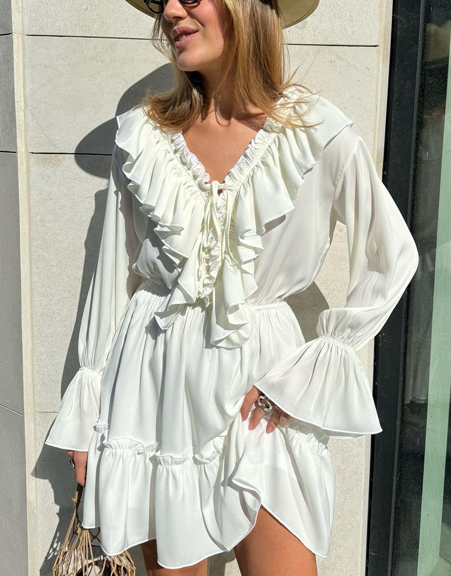 Ruffled Bell Sleeve Chiffon Mini Dress - White - 2