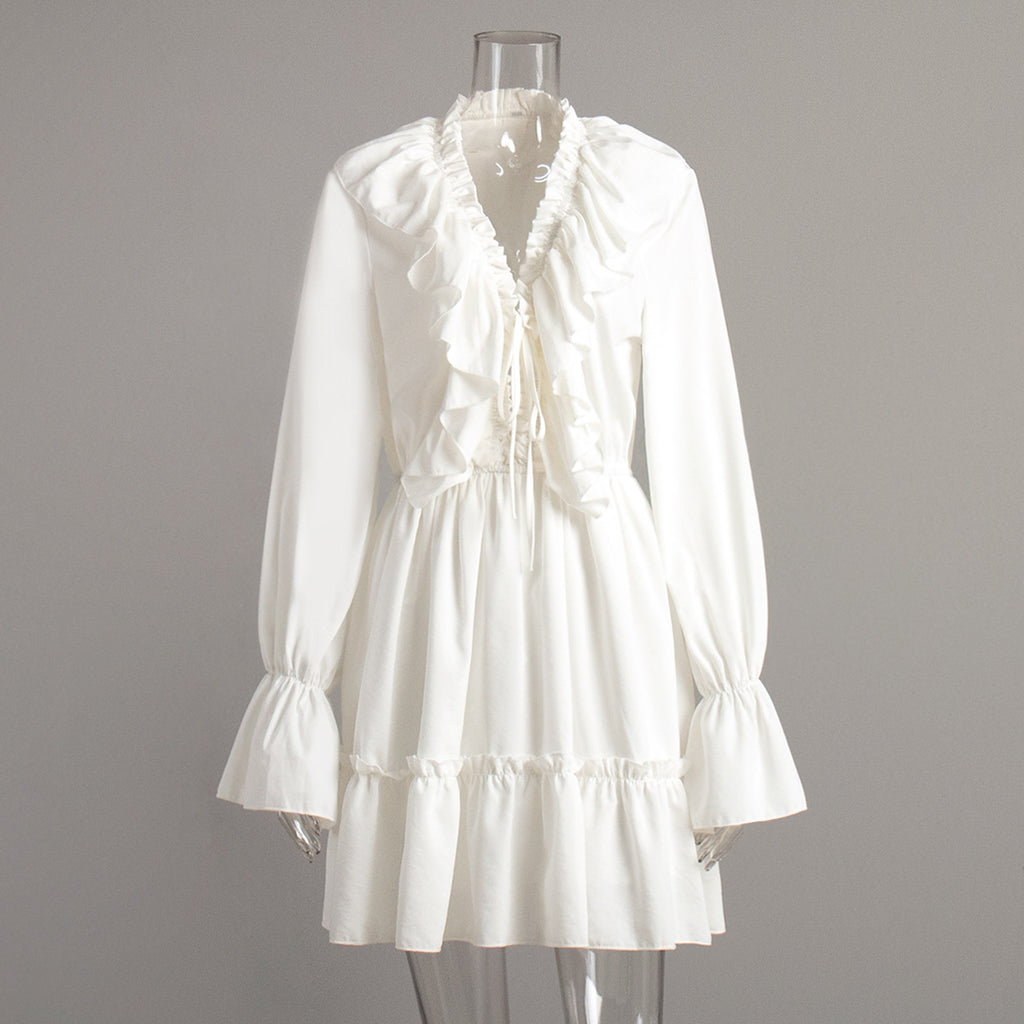 Ruffled Bell Sleeve Chiffon Mini Dress - White - 4