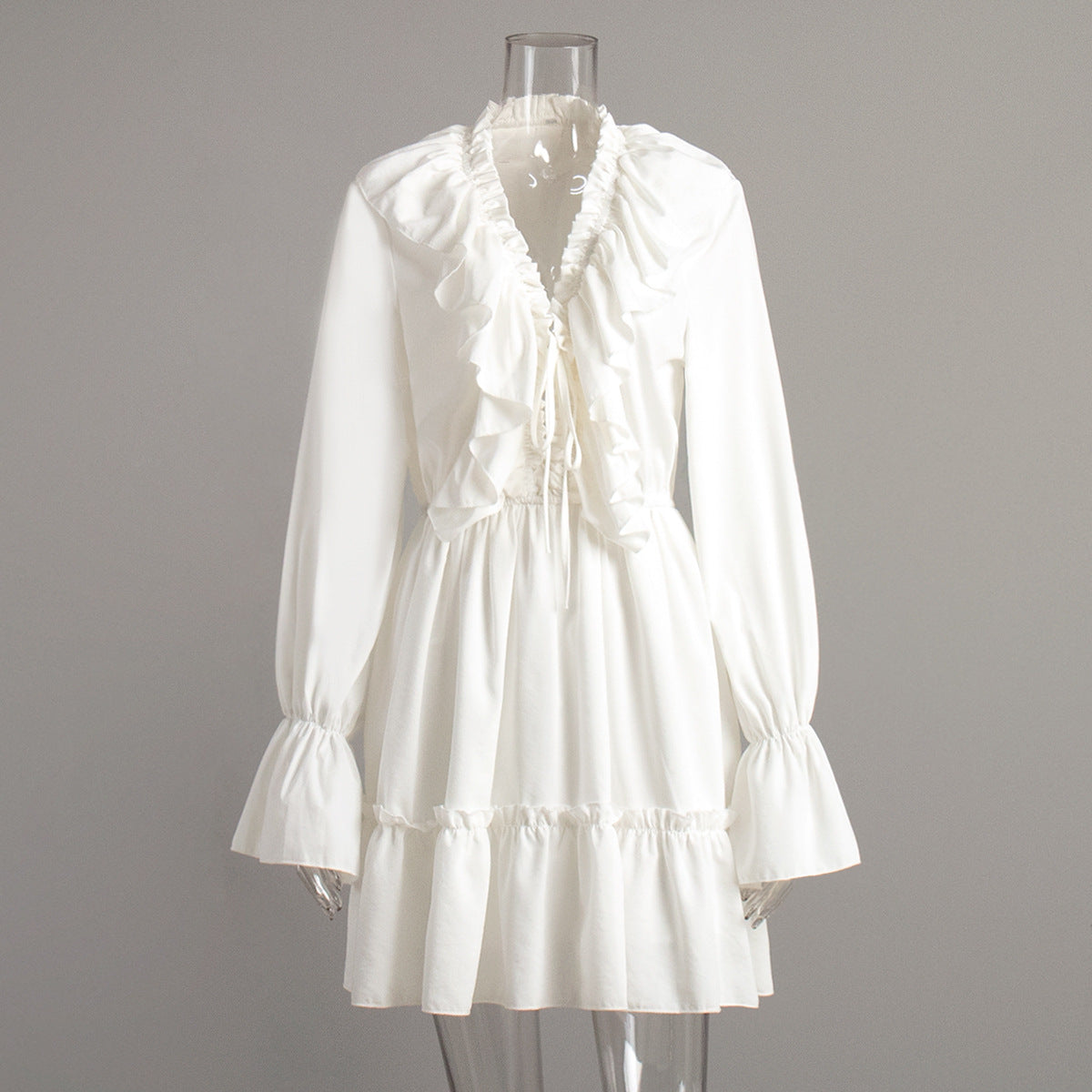Ruffled Bell Sleeve Chiffon Mini Dress - White - 4