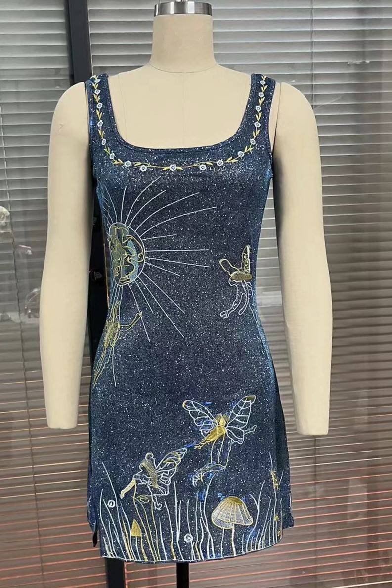 Celestial Beaded Square Neck Mini Dress - Blue - 1