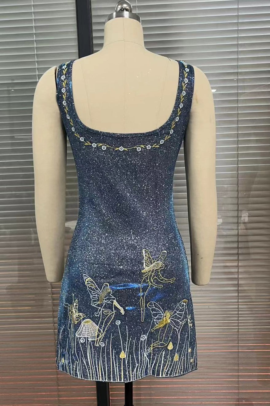 Celestial Beaded Square Neck Mini Dress - Blue - 2