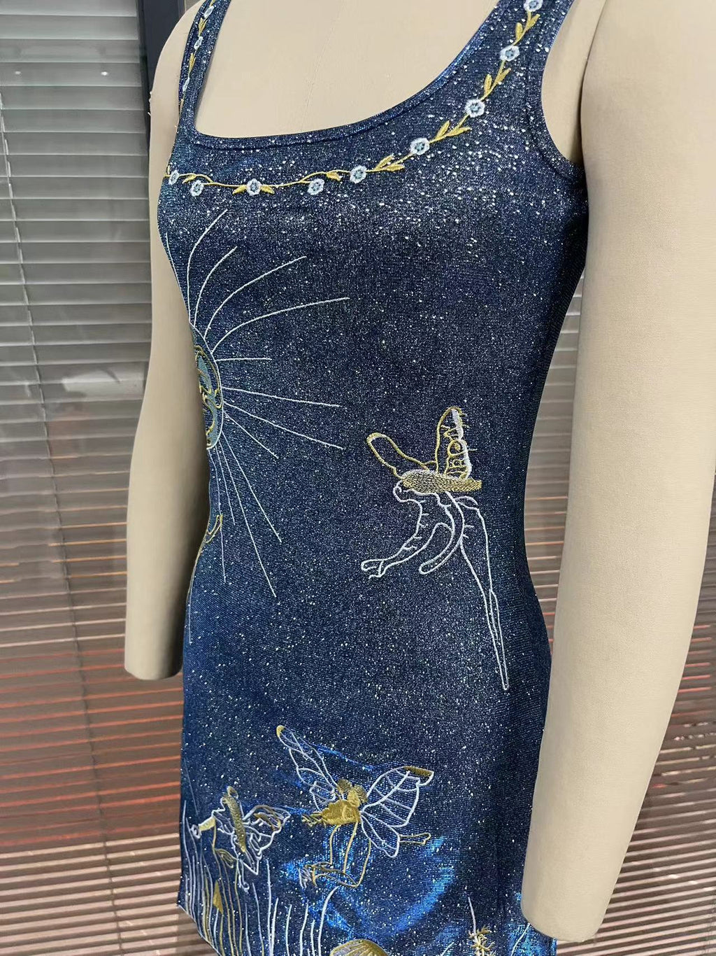 Celestial Beaded Square Neck Mini Dress - Blue - 3