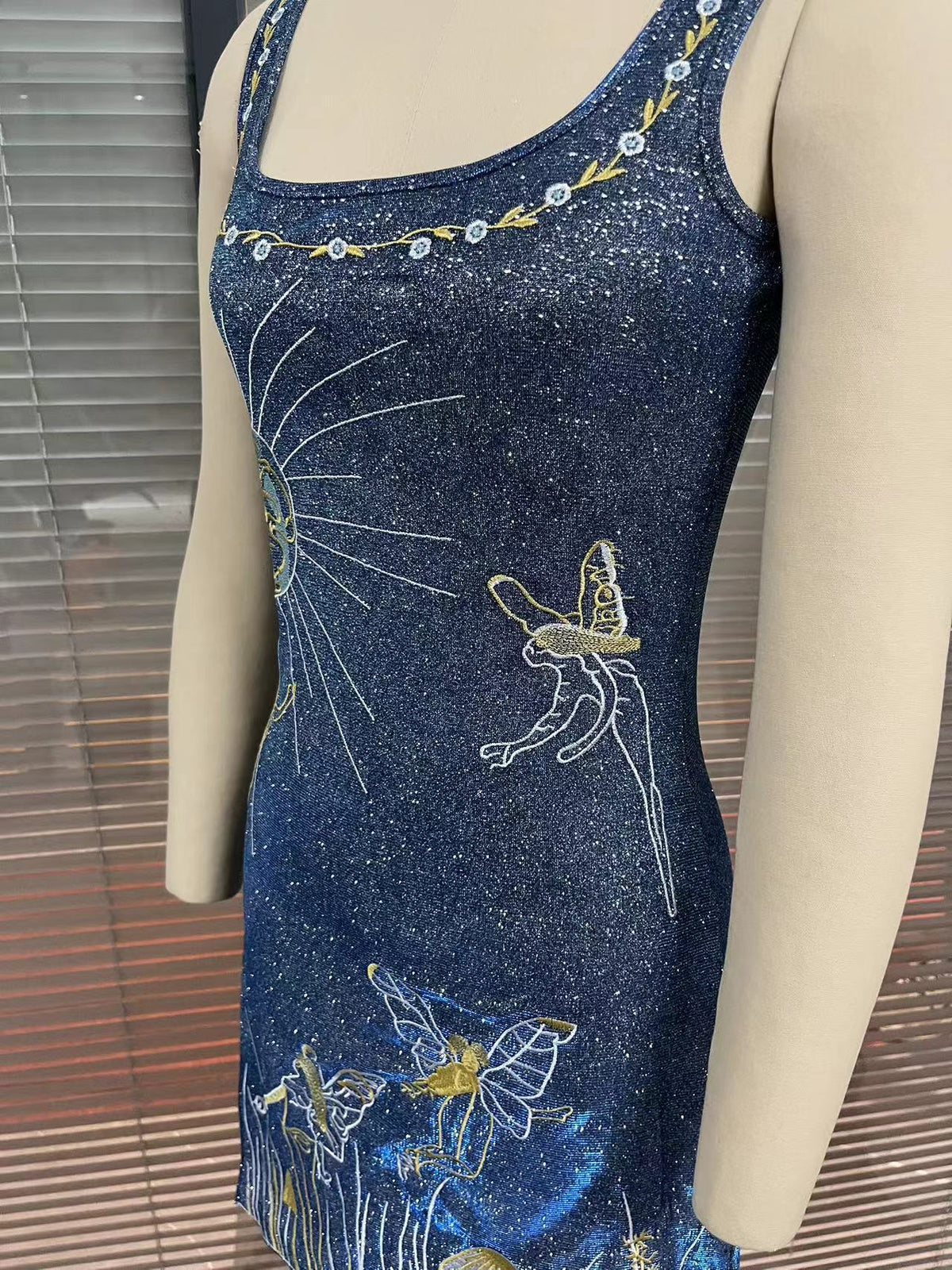Celestial Beaded Square Neck Mini Dress - Blue - 3