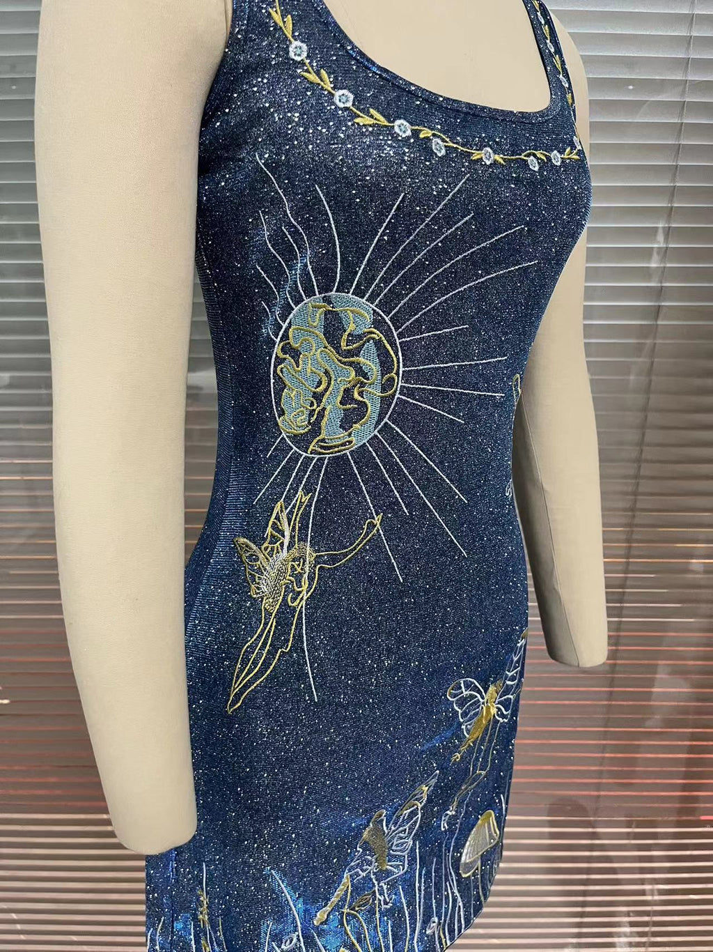 Celestial Beaded Square Neck Mini Dress - Blue - 4
