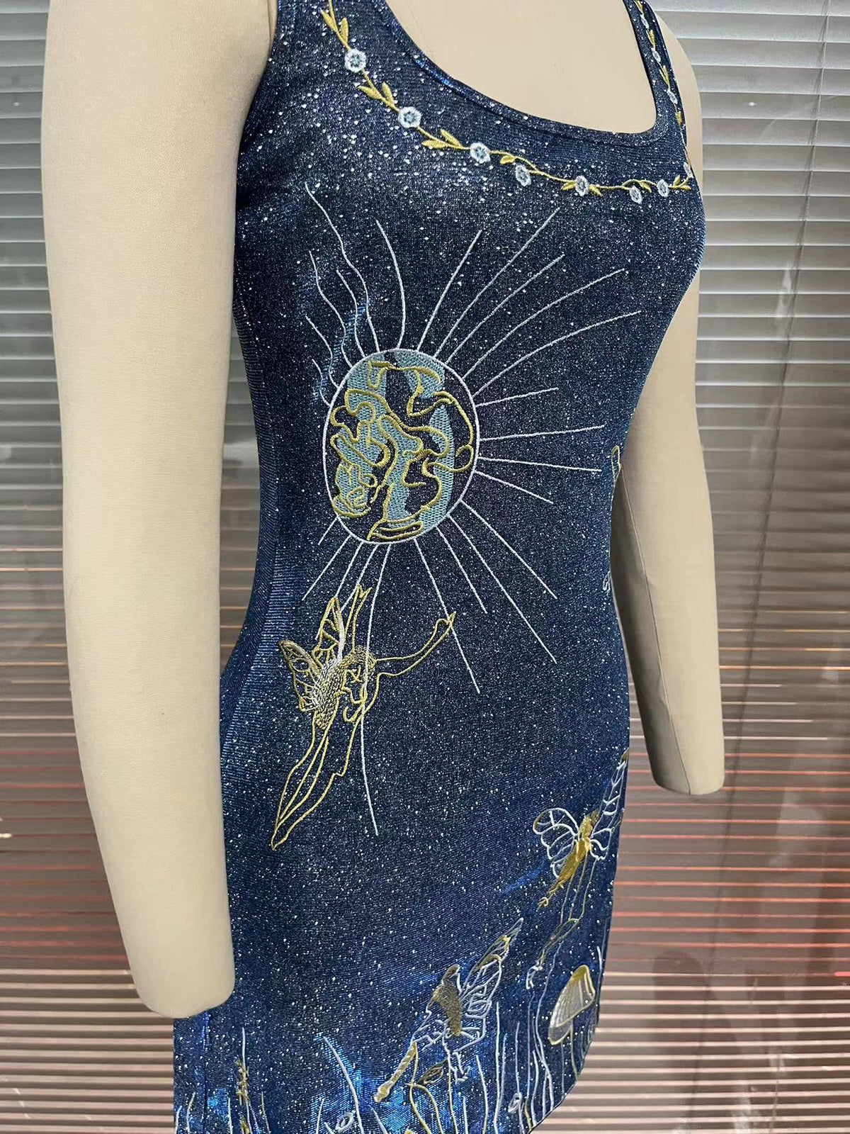 Celestial Beaded Square Neck Mini Dress - Blue - 4