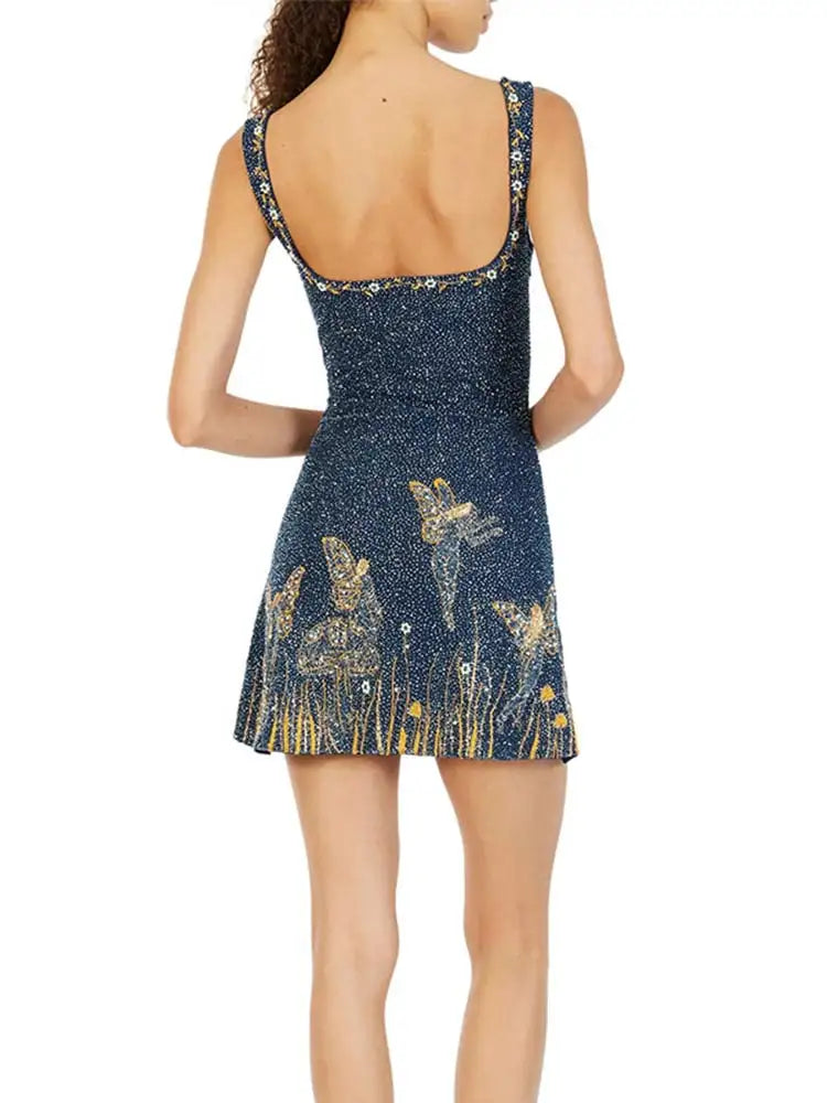 Celestial Beaded Square Neck Mini Dress - Blue - 8
