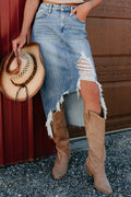 Distressed Denim Midi Skirt With Back Slit - Blue