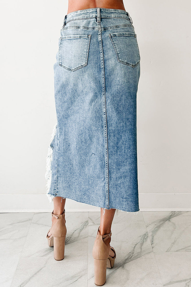 Distressed Denim Midi Skirt With Back Slit