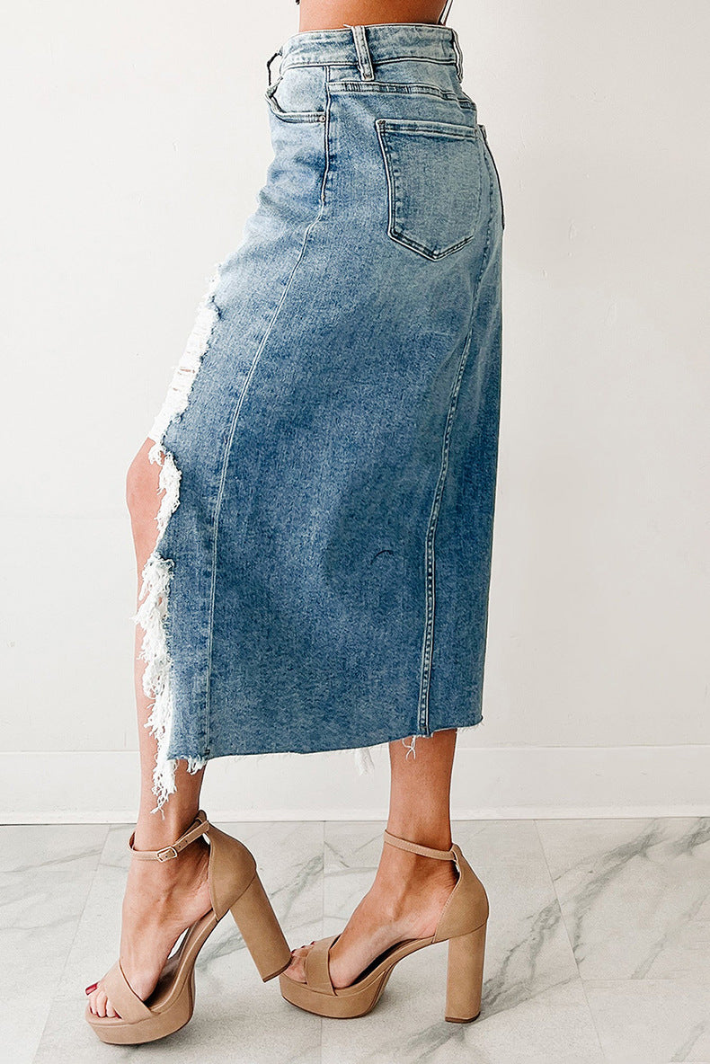 Distressed Denim Midi Skirt With Back Slit - view 1