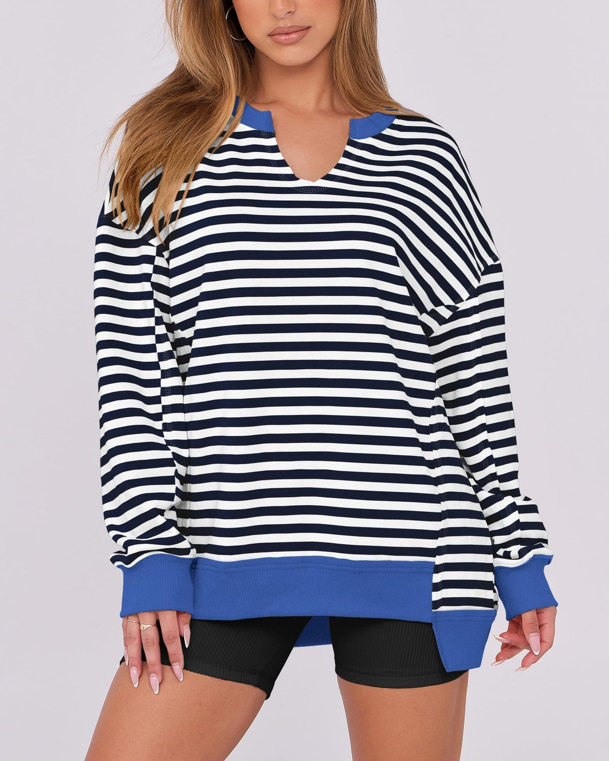 Oversized Split Neck Side Slit Sweatshirt - B_Stripe