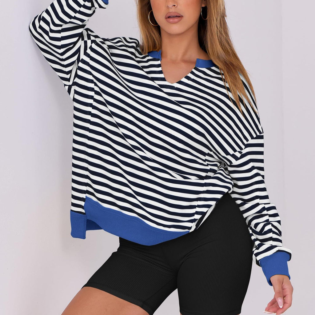 Oversized Split Neck Side Slit Sweatshirt - B_Stripe - 2