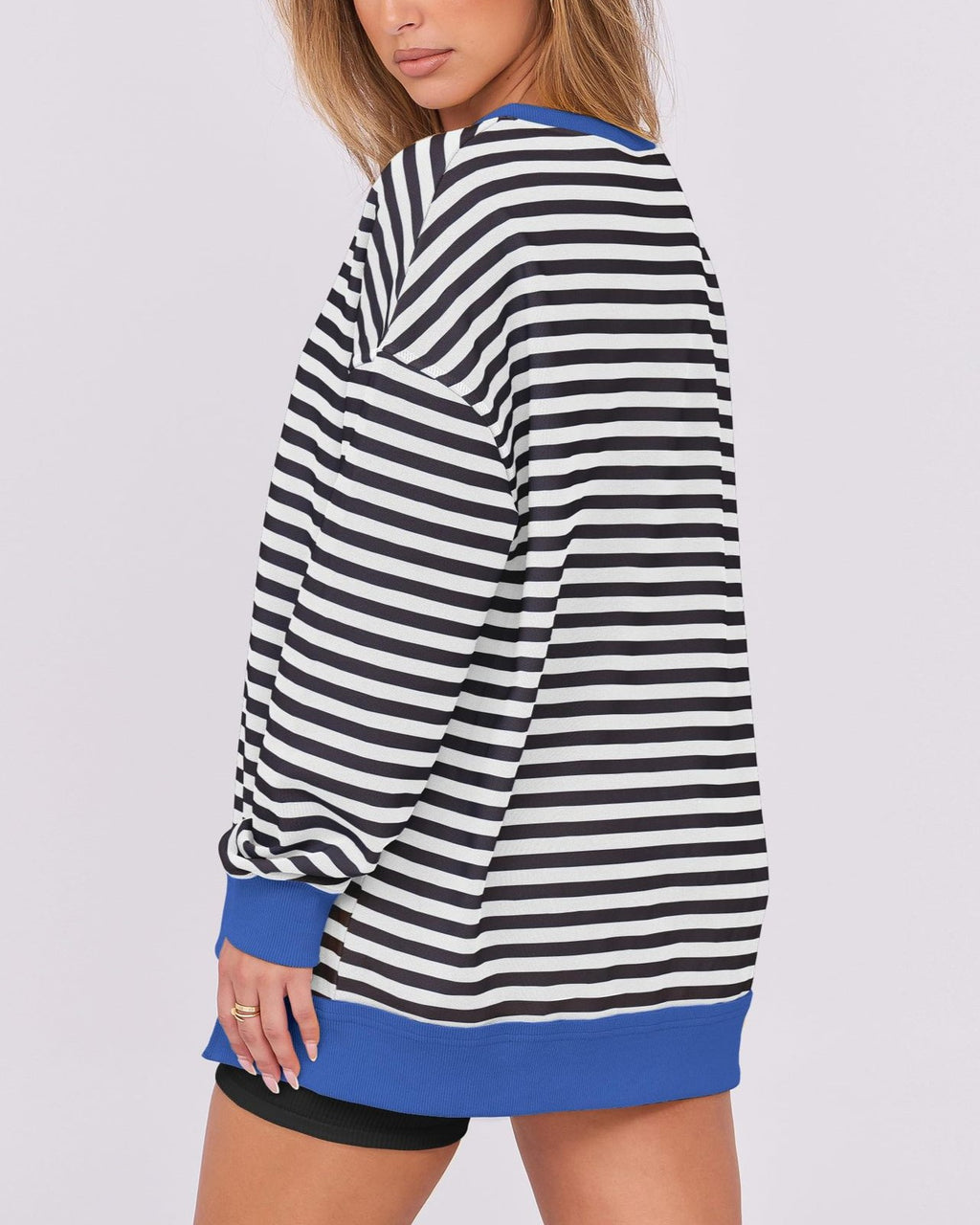 Oversized Split Neck Side Slit Sweatshirt - B_Stripe - 3