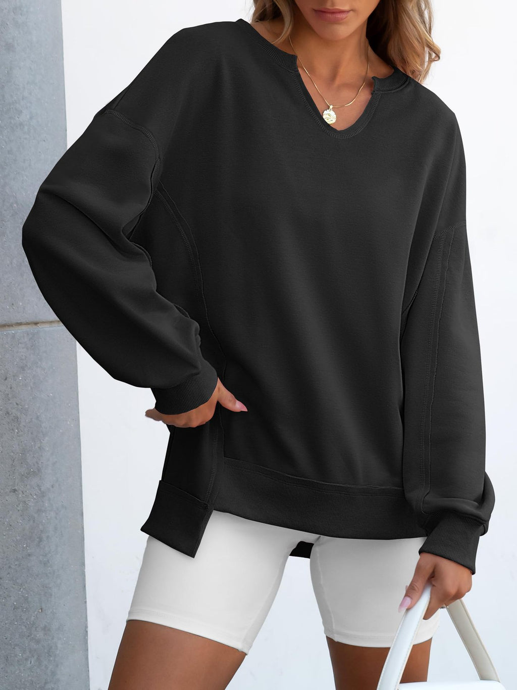Oversized Split Neck Side Slit Sweatshirt - Black