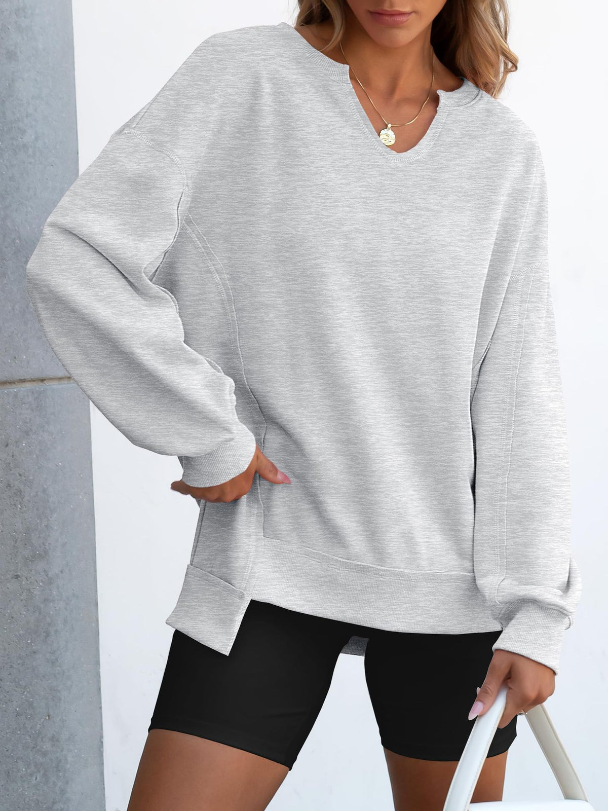 Oversized Split Neck Side Slit Sweatshirt - Gray