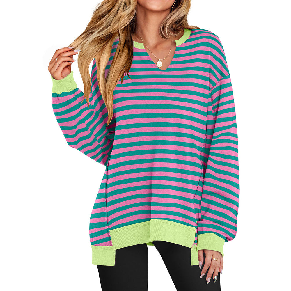 Oversized Split Neck Side Slit Sweatshirt - R_Stripe
