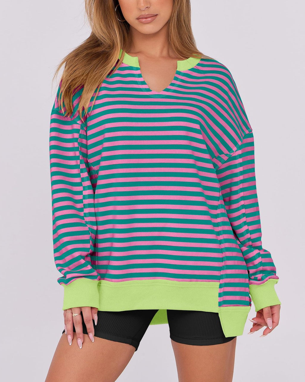 Oversized Split Neck Side Slit Sweatshirt - R_Stripe - 1