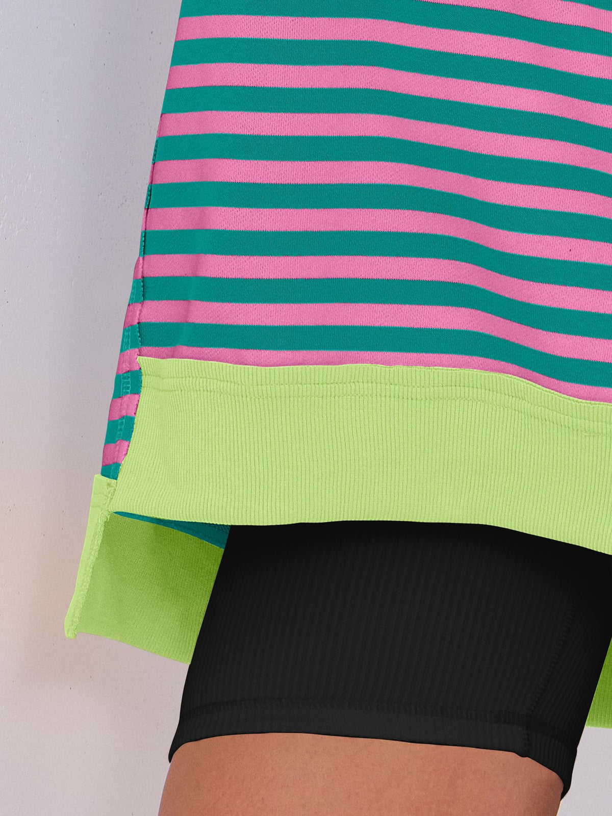 Oversized Split Neck Side Slit Sweatshirt - R_Stripe - 2