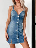 Sleeveless Denim Mini Dress With Side Slits - Blue