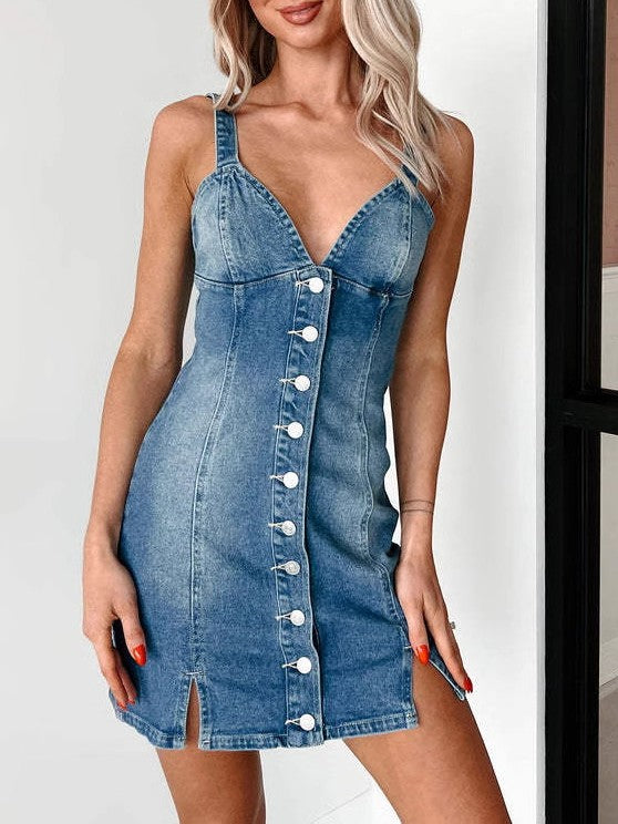 Sleeveless Denim Mini Dress With Side Slits - Blue