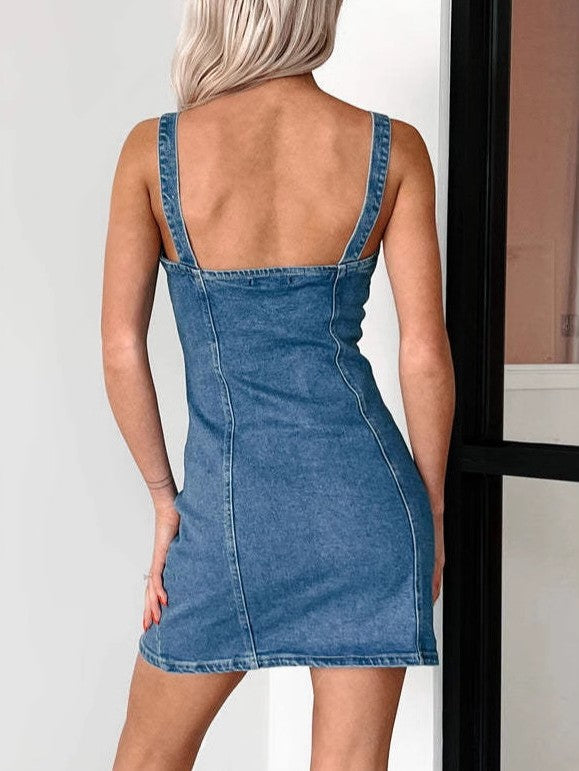 Sleeveless Denim Mini Dress With Side Slits - view 1