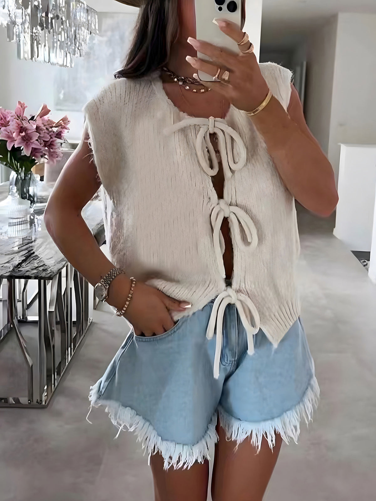 Bow Tie Front Short Sleeve Knit Cardigan - Apricot