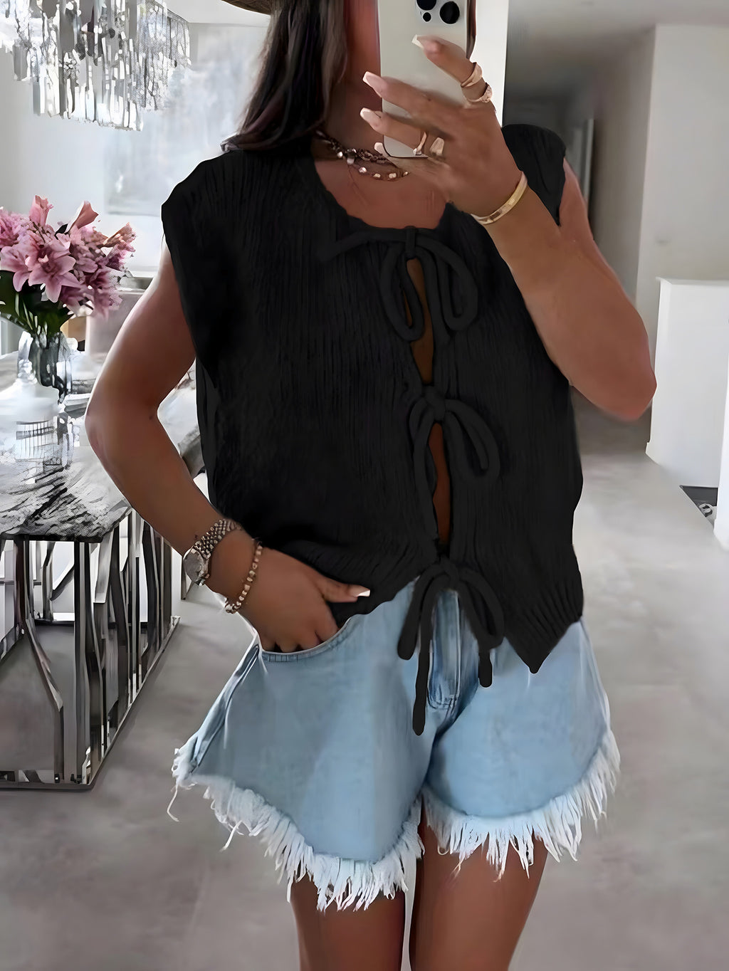 Bow Tie Front Short Sleeve Knit Cardigan - Black