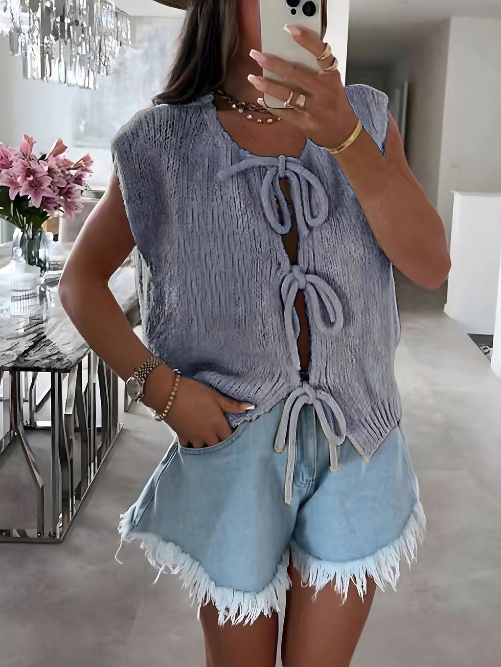 Bow Tie Front Short Sleeve Knit Cardigan - Grey