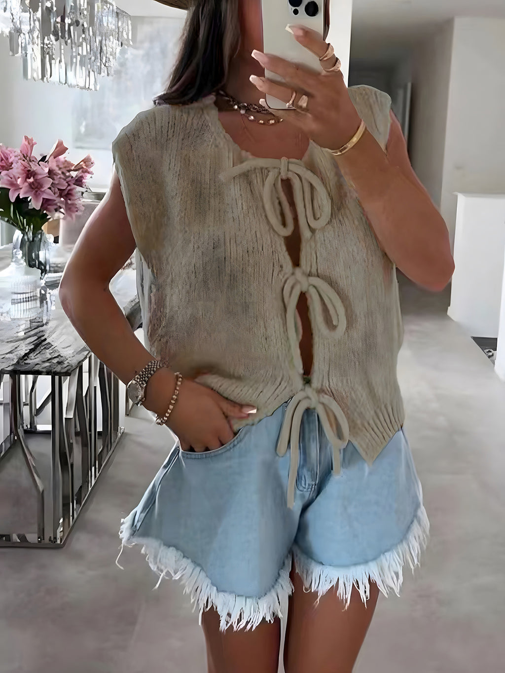 Bow Tie Front Short Sleeve Knit Cardigan - Khaki