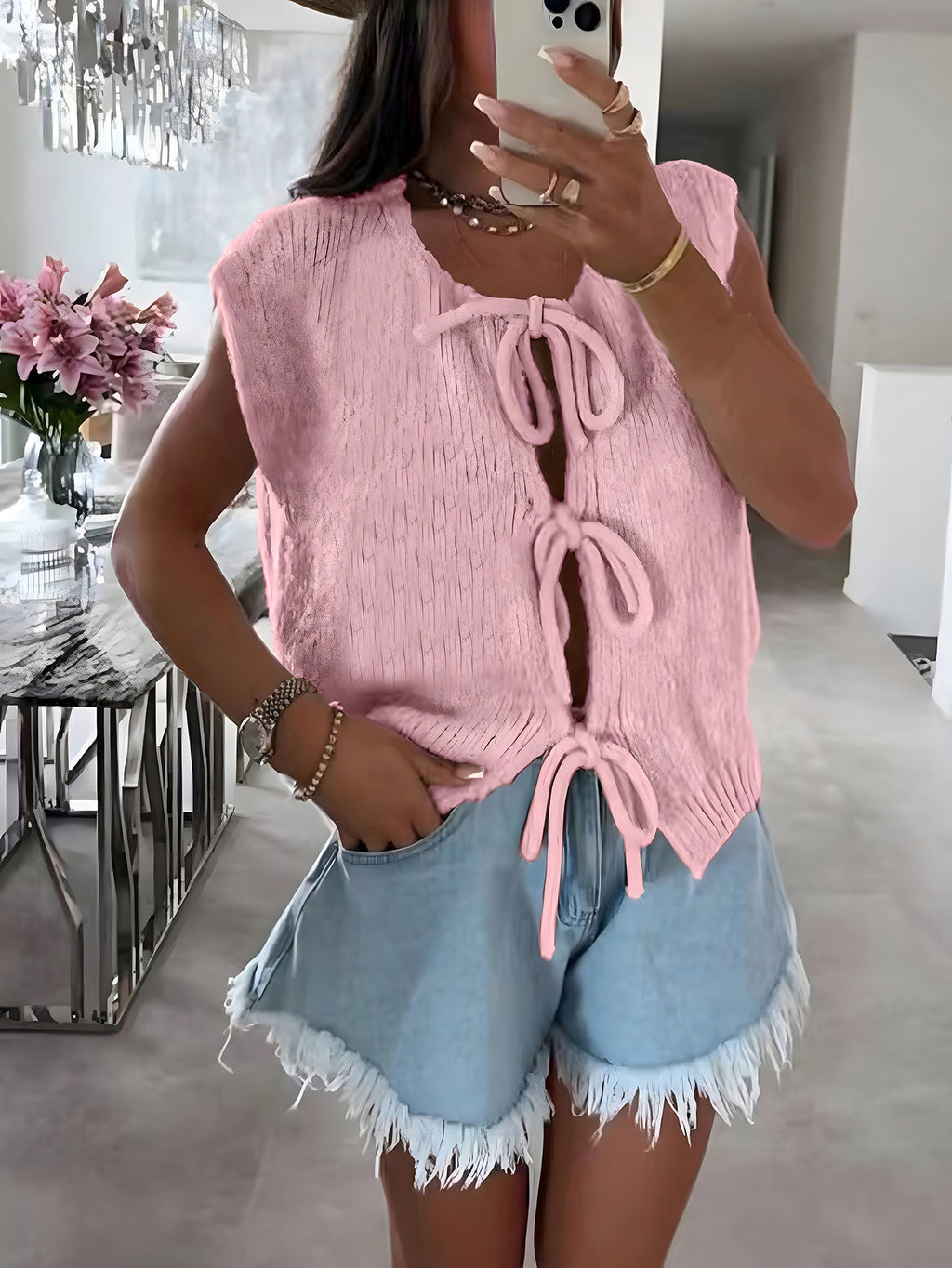 Bow Tie Front Short Sleeve Knit Cardigan - Pink