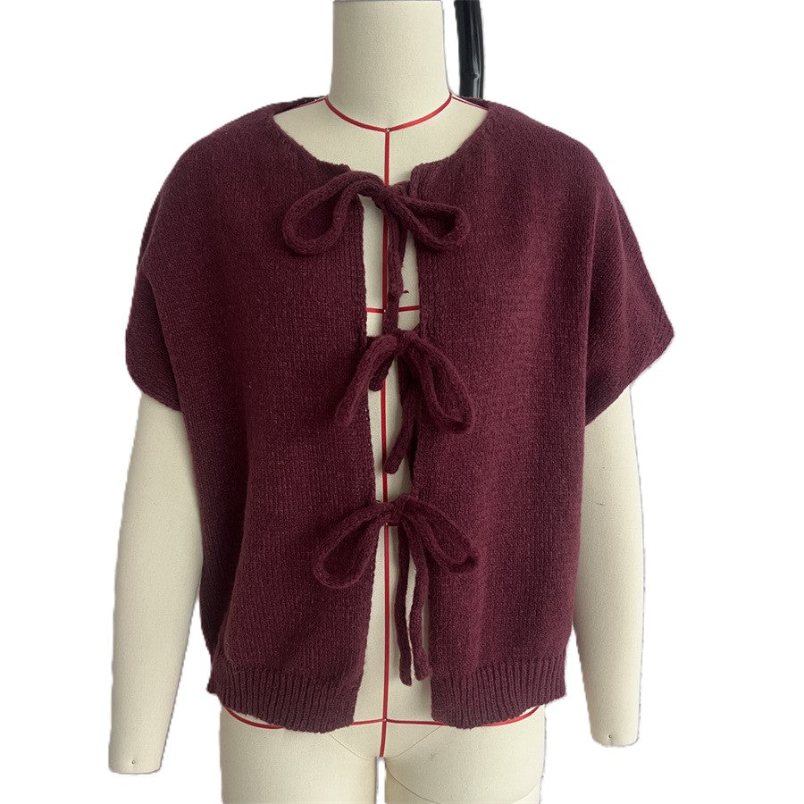 Bow Tie Front Short Sleeve Knit Cardigan - Winered