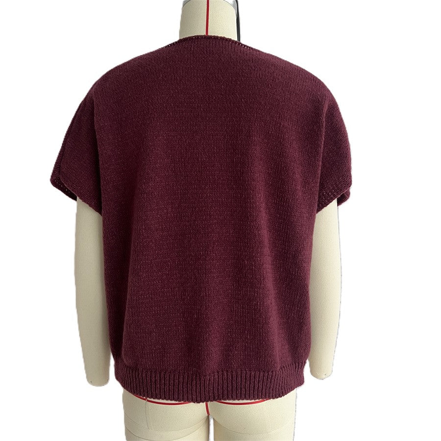 Bow Tie Front Short Sleeve Knit Cardigan - Winered - 1