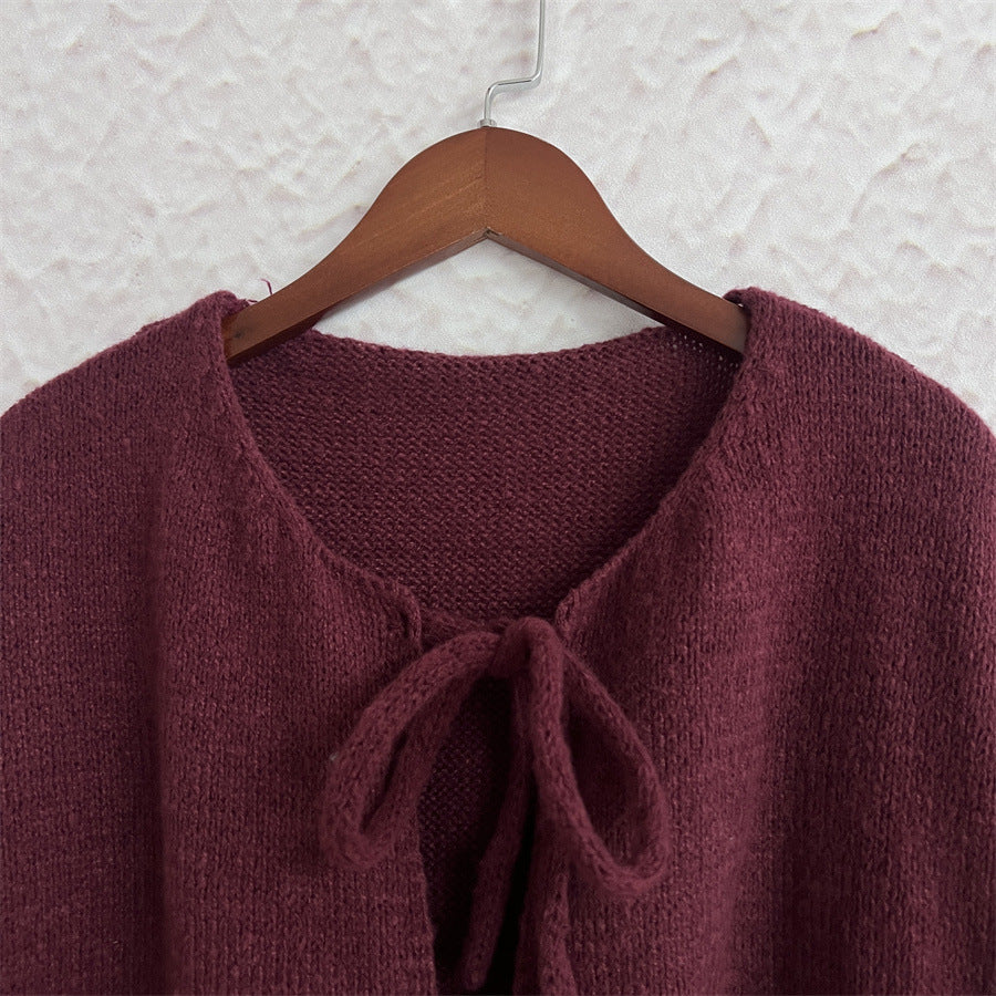Bow Tie Front Short Sleeve Knit Cardigan - Winered - 2